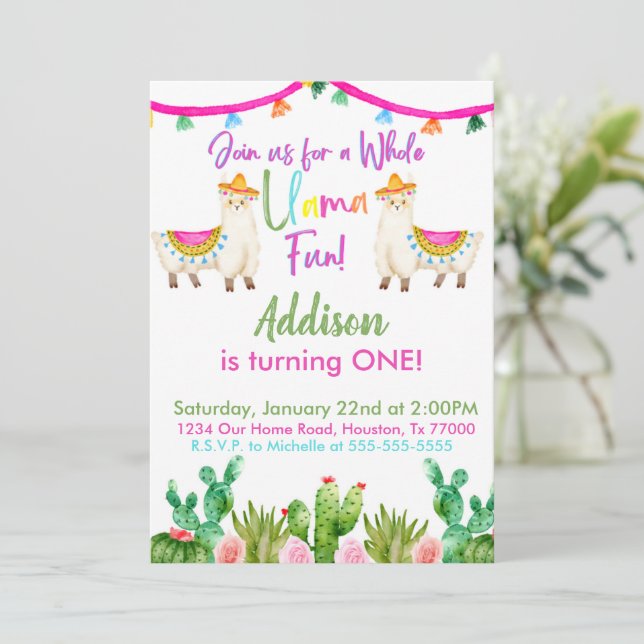 Whole Llama Fun Birthday Fiesta Invitation (Standing Front)