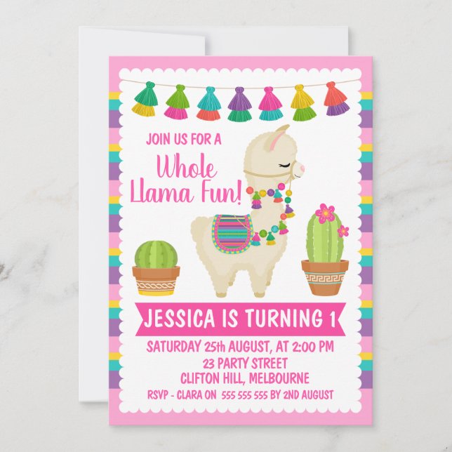 Whole llama fun birthday invitation (Front)