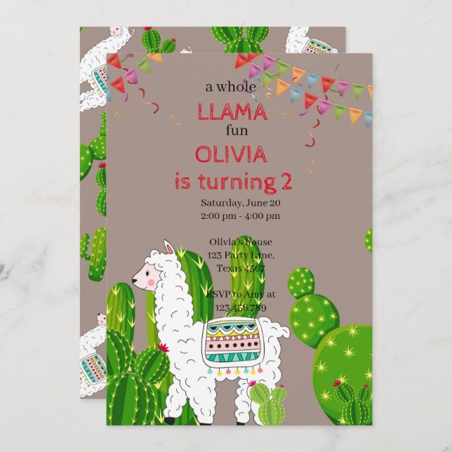 Whole llama fun birthday invitation Alpace Cactus (Front/Back)