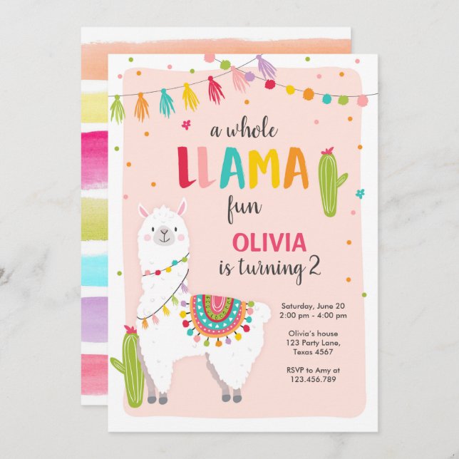 Whole llama fun birthday invitation Alpace Cactus (Front/Back)
