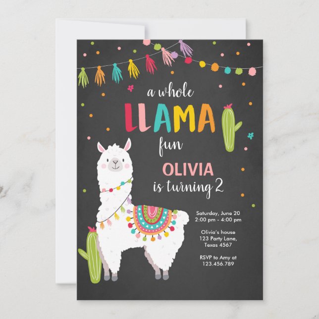 Whole llama fun birthday invitation Alpace Cactus (Front)