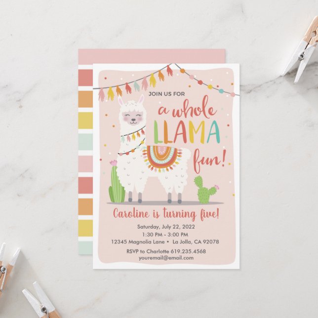 Whole Llama Fun Birthday Invitation • Cactus (Front/Back In Situ)