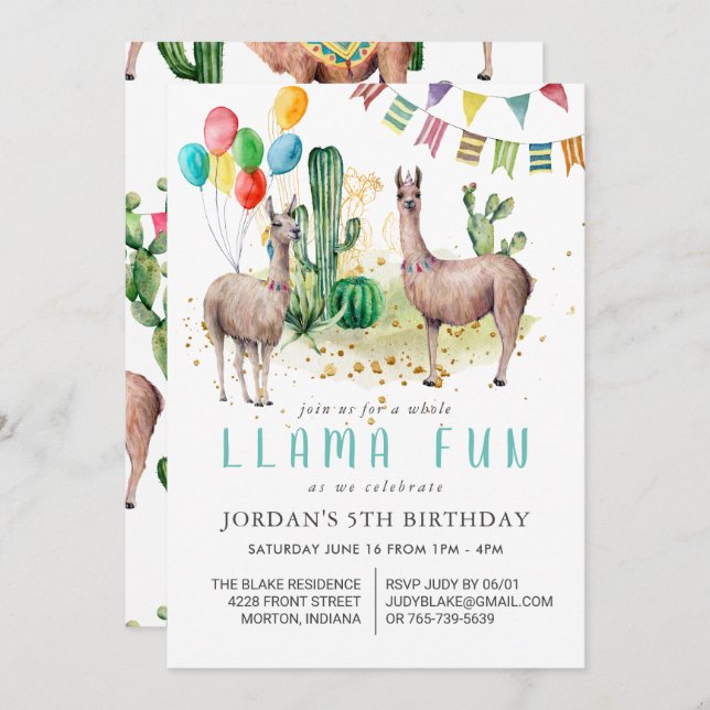 Whole Llama Fun Birthday Party Invitation (Front/Back)