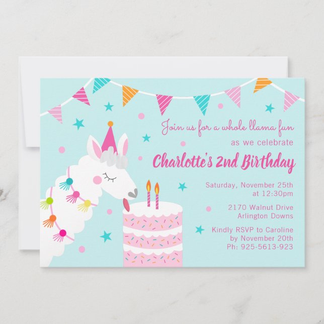 Whole Llama Fun Cake 2nd Birthday Aqua Invitation (Front)