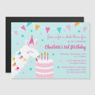 Whole Llama Fun Cake 3rd Birthday Aqua Magnetic Invitation
