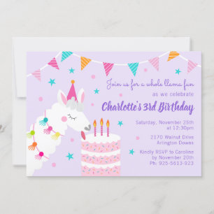 Whole Llama Fun Cake 3rd Birthday Purple Invitation