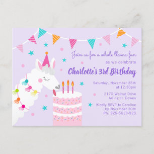 Whole Llama Fun Cake 3rd Birthday Purple Invitation Postcard