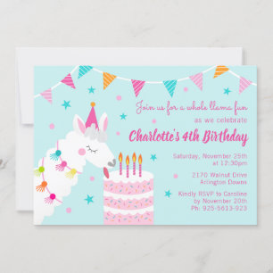 Whole Llama Fun Cake 4th Birthday Aqua Invitation