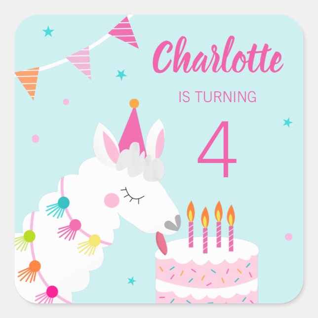 Whole Llama Fun Cake 4th Birthday Aqua Square Sticker (Front)
