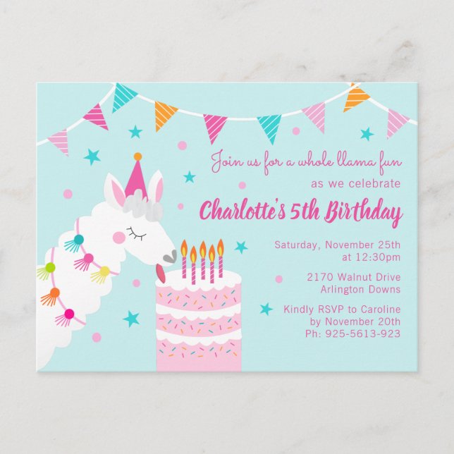 Whole Llama Fun Cake 5th Birthday Aqua Invitation Postcard (Front)
