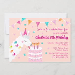Whole Llama Fun Cake 5th Birthday Coral Invitation