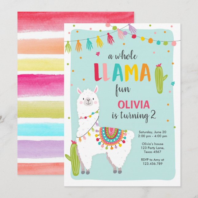 Whole Llama Fun Fiesta Girl Birthday Invitation (Front/Back)