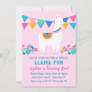 Whole Llama Fun Floral Pink Girl Birthday Invitation