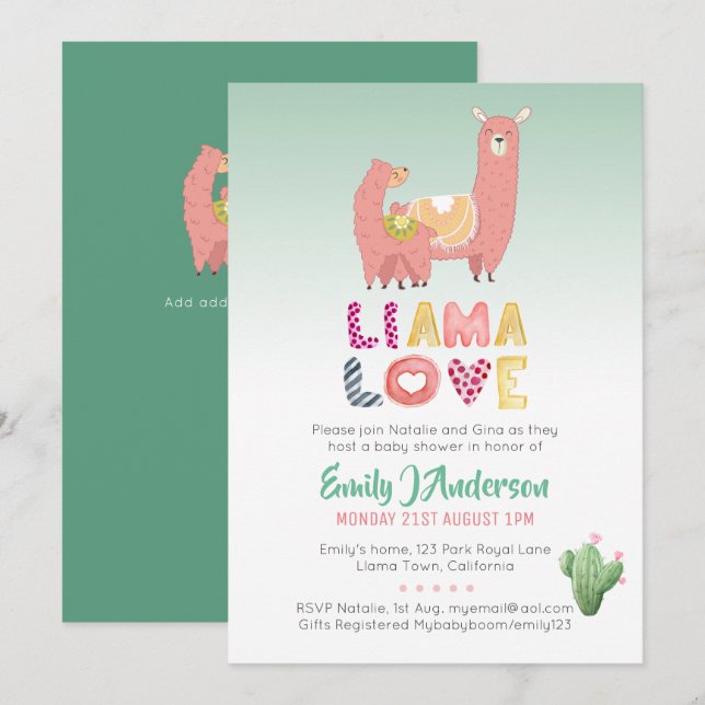 Whole Llama Fun Mama Baby Love Fiesta Cacti Invitation (Front/Back)