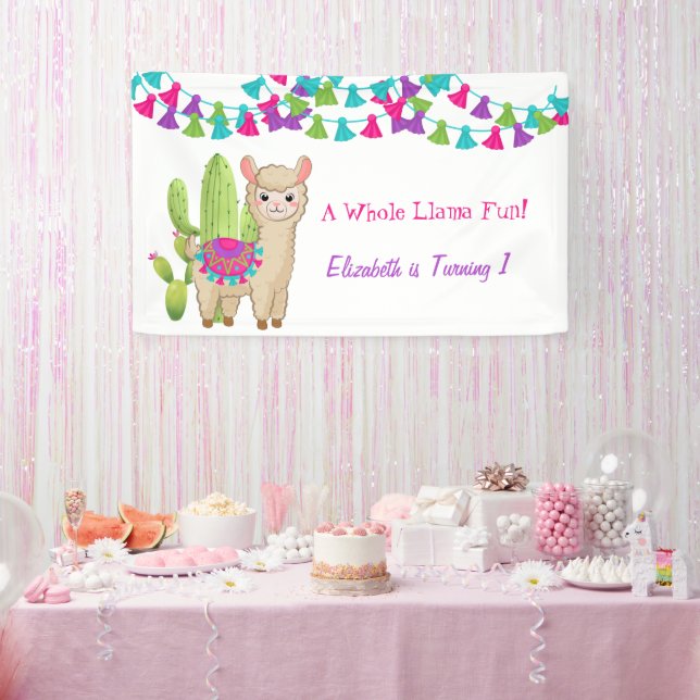 Whole Llama Fun Pink Purple Cactus Child Birthday Banner (Party)
