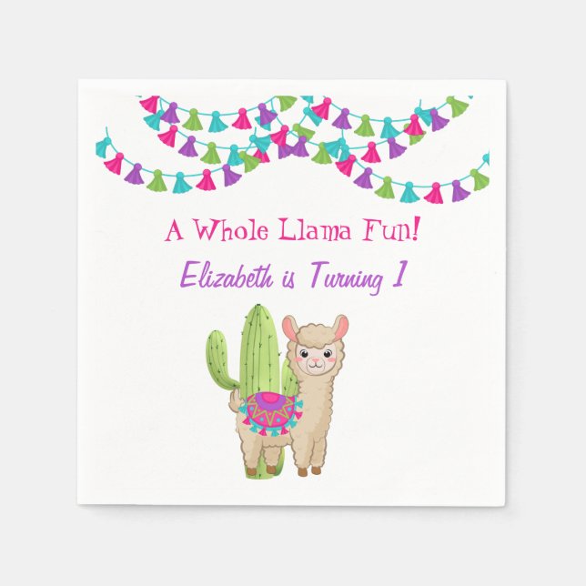 Whole Llama Fun Pink Purple Cactus Child Birthday Napkin (Front)