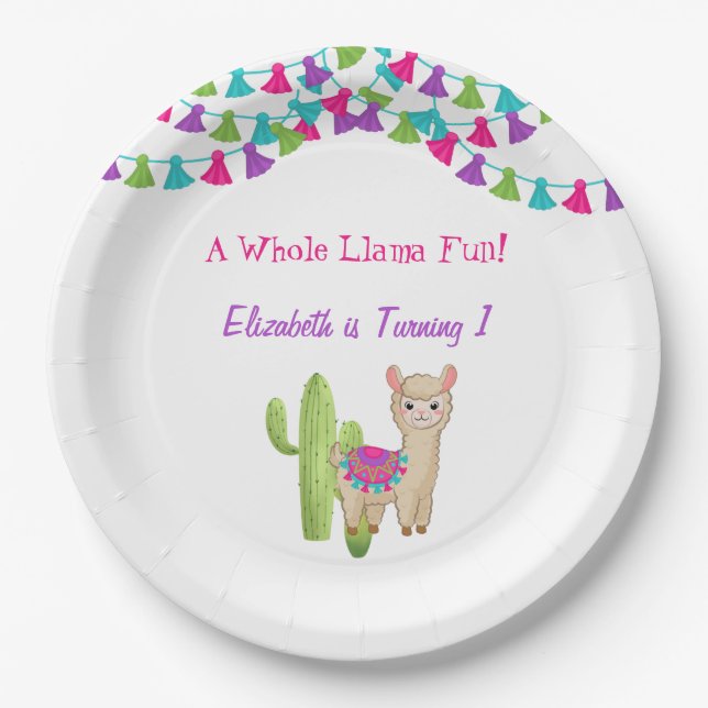 Whole Llama Fun Pink Purple Cactus Child Birthday Paper Plate (Front)