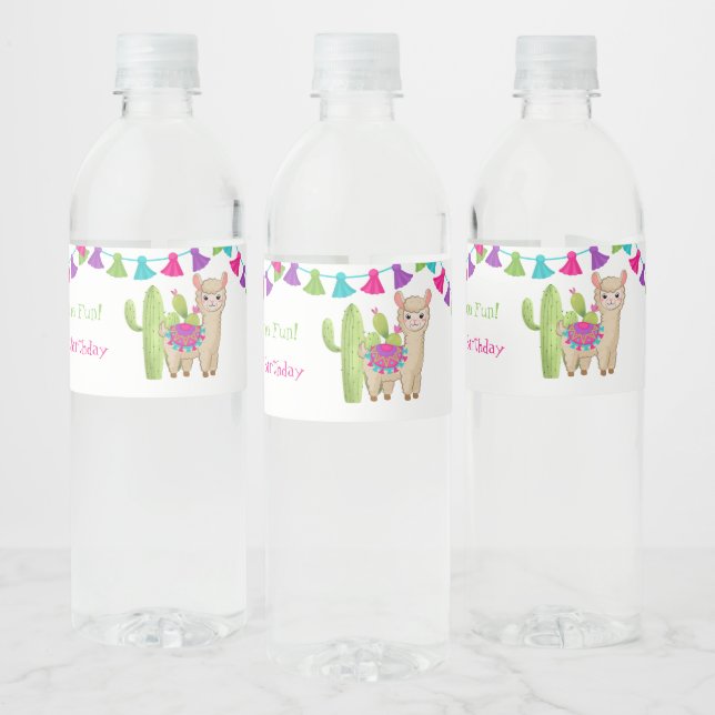 Whole Llama Fun Pink Purple Cactus Child Birthday Water Bottle Label (Bottles)