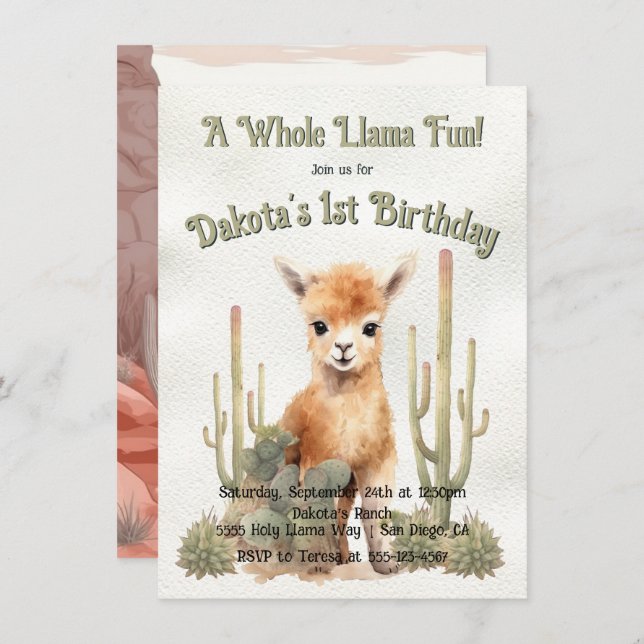 Whole Llama Fun Turning One Birthday Invitation (Front/Back)
