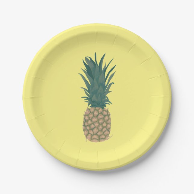 Whole Ripe Pineapple Painting with Leaves Paper Plate (Front)