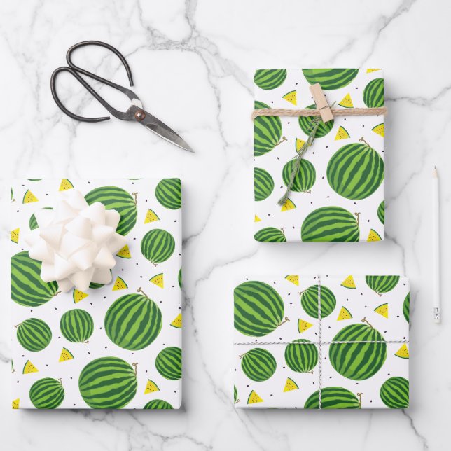 Whole Watermelons & Yellow Wedges Pattern Wrapping Paper Sheet (Front)