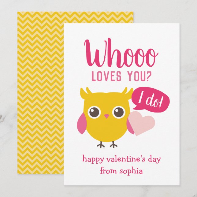 Whooo Loves You Owl Kids School Valentine's Cards (Front/Back)