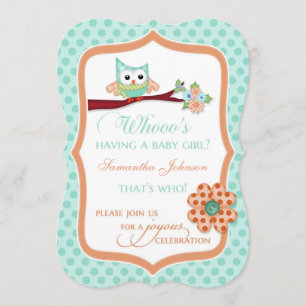 Whooo's Having a Baby Girl? Aqua & Peach Invitation
