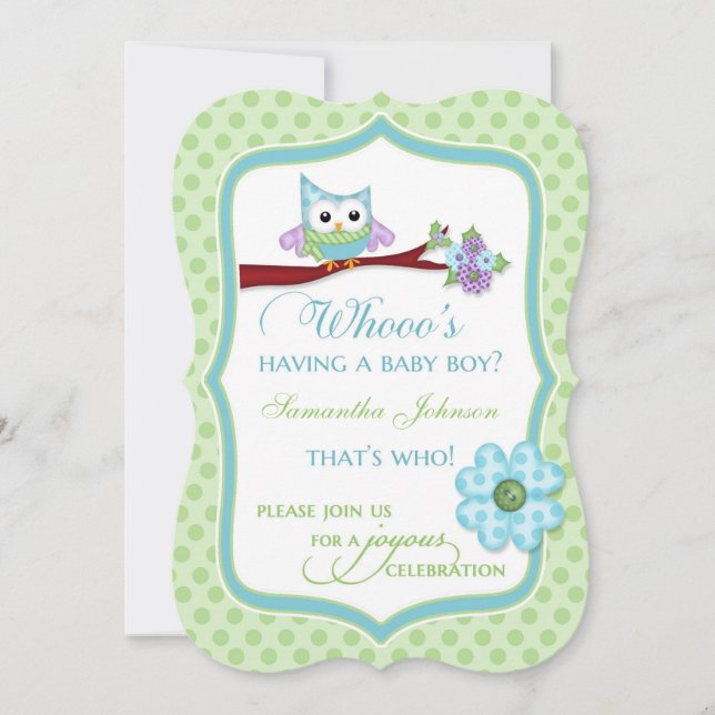 Whooo's Having a BabyBoy? Owl Shower Invitation (Front)