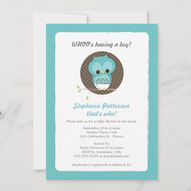 Whoo's Having a Boy? Owl Baby Shower Invitation (Front)