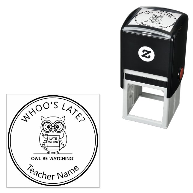 Whoos Late? | Teacher Late Work Cartoon Owl Punny Self-inking Stamp (In Situ)