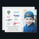 Whoosh Vroom woo Air birthday party photo Invitation<br><div class="desc">A kid's birthday party invitation featuring Hot air balloon,  air plane,  helicopter.</div>