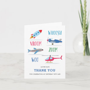 Whoosh Vroom Woo Kid's birthday thank you card