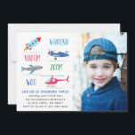 Whoosh Vroom woo Space Air birthday party photo Invitation<br><div class="desc">A kid's birthday party invitation featuring Rocket,  air plane,  helicopter.</div>