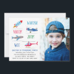 Whoosh Vroom woo Space Air birthday party photo Invitation<br><div class="desc">A kid's birthday party invitation featuring Rocket,  air plane,  helicopter.</div>