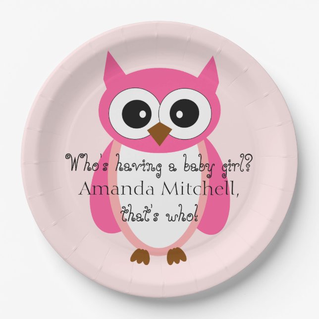 Who's Having A Baby Girl? Pink Owl Baby Shower Paper Plate (Front)
