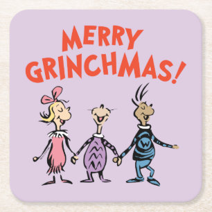 Whos Holding Hands Merry Grinchmas Square Paper Coaster