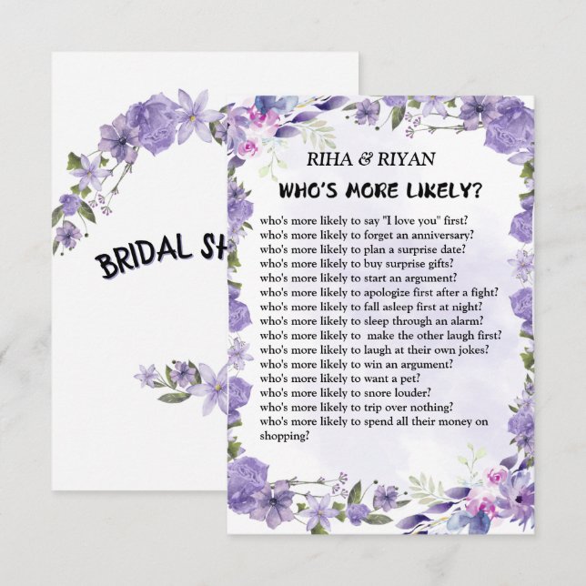 WHO'S MORE LIKELY? WEDDING GAME CARD (Front/Back)