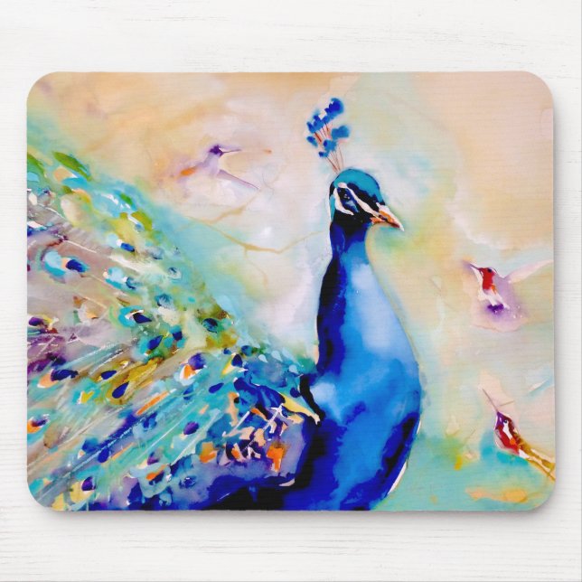 "Who's the Prettiest?" Peacock and Hummingbirds Mouse Mat (Front)