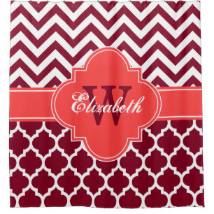 Wht Coral Red Moroccan #5 Chevron 1IQRN Shower Curtain