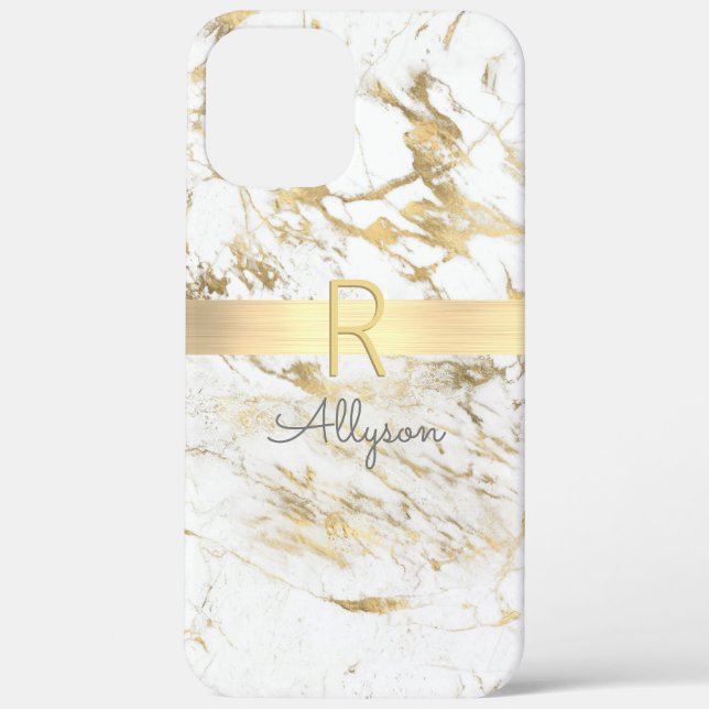 Wht & Gold Marble Gold Bar, DIY Grey Name Monogram Case-Mate iPhone Case (Back)