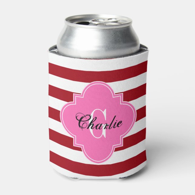 Wht Horiz Stripe HP Name Init Monogram Can Cooler (Can Front)