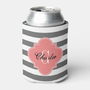 Wht Horiz Stripe LtCoral Name Init Monogram Can Cooler