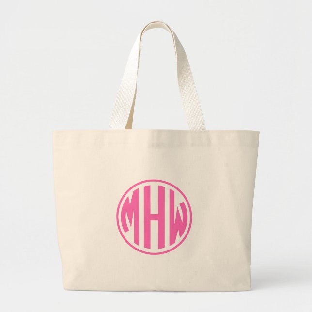 Wht Hot Pink 3 Initial in a Circle Monogram DIY BG Large Tote Bag (Front)