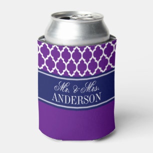 Wht Moroccan #4 CB Navy Name Monogram Wedding Can Cooler