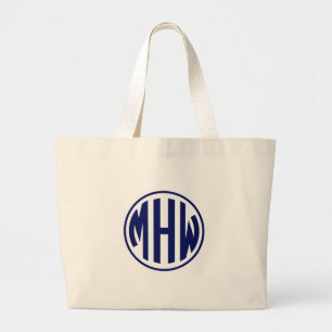 Wht Navy 3 Initial in a Circle Monogram DIY BG Large Tote Bag