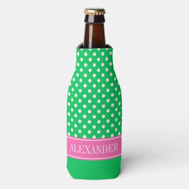 Wht Polka Dot CB Hot Pink Name Monogram Bottle Cooler (Bottle Front)