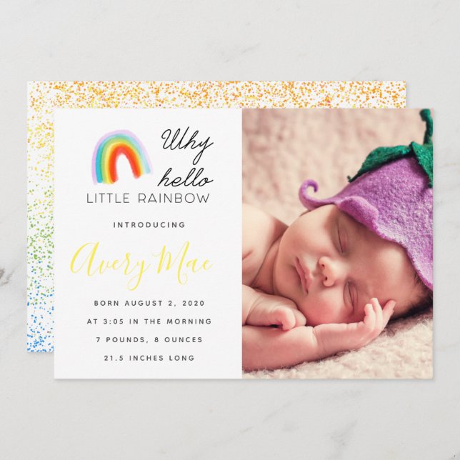 Why Hello Little Rainbow baby Birth Announcement (Front/Back)