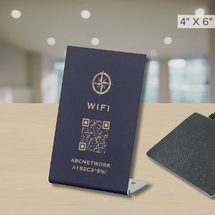 Wi-Fi Access QR Code Navy Blue Gold Logo Pedestal Sign