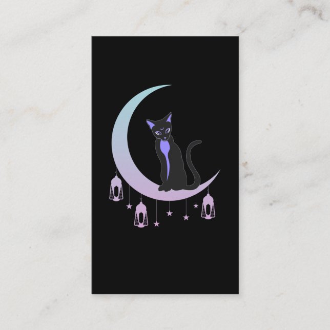 Wicca Crescent Moon Mystical Cat Pastel Goth Business Card (Front)
