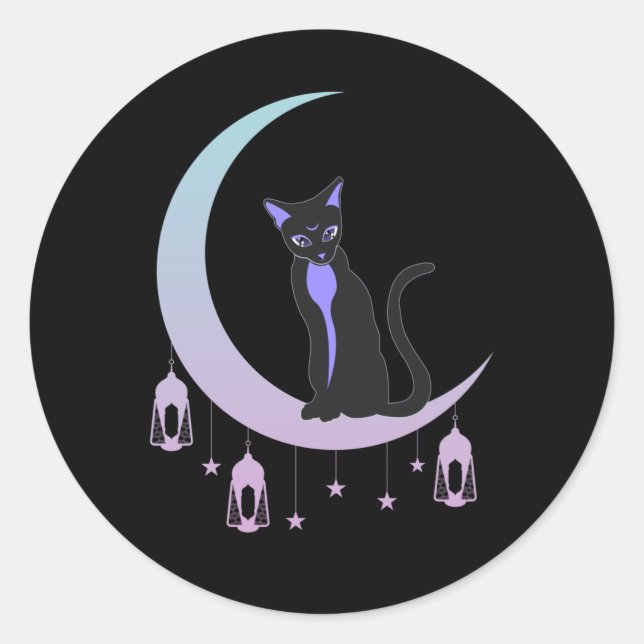 Wicca Crescent Moon Mystical Cat Pastel Goth Classic Round Sticker (Front)